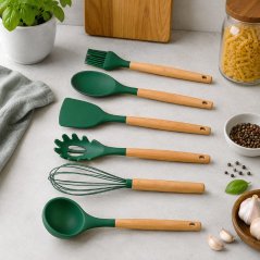 Kuchynské náčinie s bambusovou rukoväťou v stojane, 12 ks, 32 cm, mätovo zelené