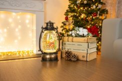 Latarnia MagicHome Christmas Retro, LED, z Mikołajem, z brokatem, czarna, 3xAA, plastik, 13x11x24/35 cm