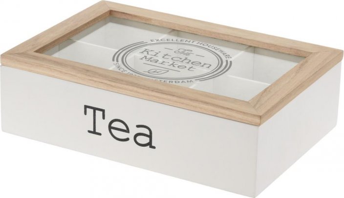Kaseta na torebki herbaty drewno/szkło biała 24x16,5x7cm