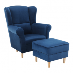 Fotel ze stołkiem, niebieska tkanina, ASTRID