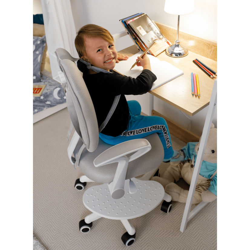 Rastoči stol s podnožjem in naramnicami, sivo/bel, ANAIS