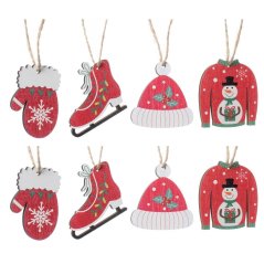 Viseči božični okraski 5,5 x 5,5 cm set 8 lesnih mešanic