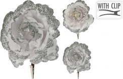 Ornament mit Rosenblütenclip 11x5x11 cm Weiß-Silber-Mix