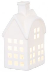 MagicHome dekoráció, Ház, LED, fehér, porcelán, 8,7x7,3x15,3 cm