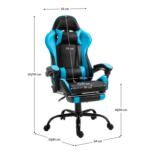 Kancelárske/herné kreslo s podnožou, čierna/modrá, TARUN