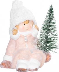 MagicHome Weihnachtsfigur, Kleines Mädchen mit Baum, Terrakotta, 14,5x13x17 cm