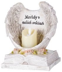 Dekorácia MagicHome, Anjelské krídla na knihe so sviečkou, 1xLED, polyresin, na hrob, 18x13,5x20 cm