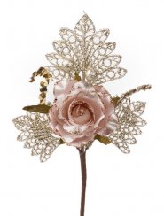 Větvička MagicHome Vánoce, s růží, růžovo - zlatá, 26 cm, bal. 6 ks