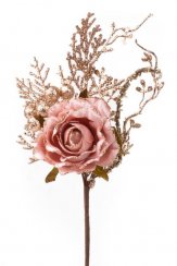Větvička MagicHome Vánoce, s růží, růžovo - zlatá, 26cm, bal. 6 ks