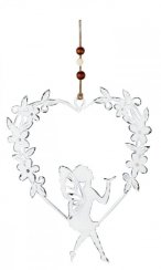 Ornament suspendat inimă cu o zână 16,5x21 cm metal alb