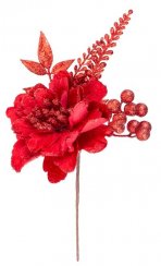 Twig MagicHome Craciun, cu floare, rosu, 28 cm