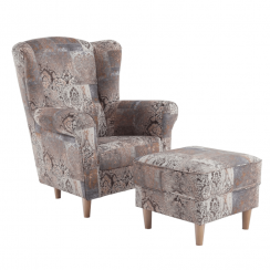 Fotel ze stołkiem, tkanina wzór vintage, ASTRID