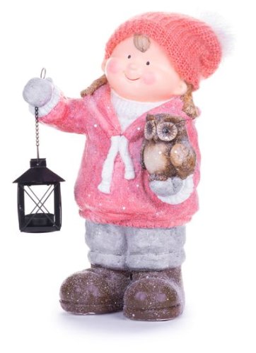 Personaj de Crăciun MagicHome, Fată cu felinar și bufniță, ceramică, 28x18,5x39,5 cm