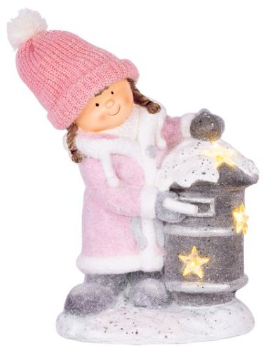 Božićni ukras MagicHome, Djevojčica s poštanskim sandučićem, 1 LED, 3xAA, keramika, 31x23x43 cm