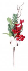 Zweig MagicHome Weihnachten, mit Beeren und Baumwolle, 34 cm