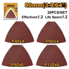Papier ścierny delta 80mm do szlifierki wielofunkcyjnej, zestaw 20 sztuk, uniwersalny INGCO