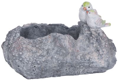 MagicHome Dekoration, Stein mit Vogel und Blumentopf, Keramik, 35,5x26,5x20,5 cm