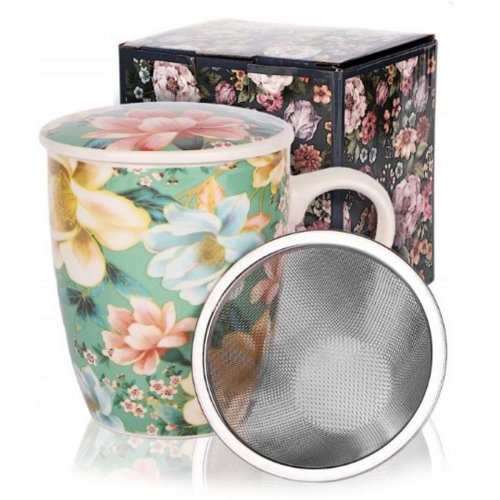 Porcelanasta skodelica 360ml MARBELA s cedilom, miks cvetličnih dekorjev