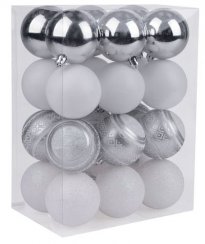 MagicHome karácsonyi labdák, 24 db, fehér - ezüst, mix, karácsonyfához, 6 cm