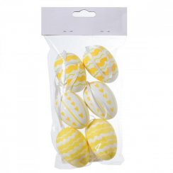 Wisząca dekoracja jajko z tworzywa sztucznego 4x6 cm, zestaw 6 sztuk, biało-żółty