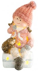 MagicHome Weihnachtsfigur, Kleines Mädchen sitzt auf einem Hocker mit Igel, 1 LED, Polyresin, 10,5x10,5x19,5 cm