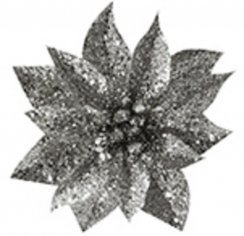 VirágvarázsHome Karácsonyi Glitter Mikulásvirág, csipettel, ezüst, virág mérete: 9 cm, virág hossza: 8 cm, 6 db