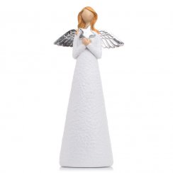 Figurka anioła 13,5x8x29 cm biało-srebrna żywica poliestrowa