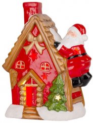 Decor de Crăciun MagicHome, Casă cu Moș Crăciun pe acoperiș, LED, teracotă, 2xAAA, 27x13x34 cm