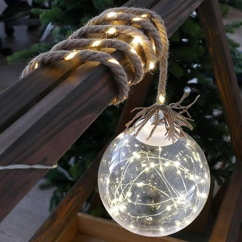 Dekoráció MagicHome Christmas Balldeco, labda kötélen, 50 mLED meleg fehér, 3xAA, IP20, belső, világítás, L-0,50 m