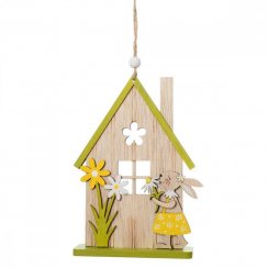 Ornament suspendat iepure cu casa 12x3x18 cm lemn