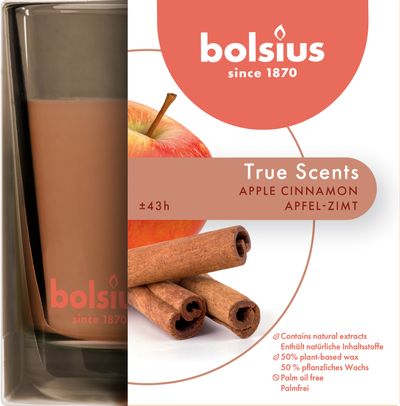 Gyertya Bolsius Jar True Scents 95/95 mm, illatosított, fahéj/alma, üvegben