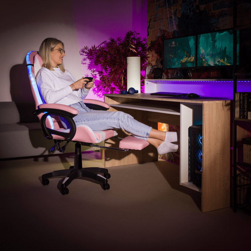 Pisarniški/gaming stol z RGB LED osvetlitvijo, roza/bel, JOVELA