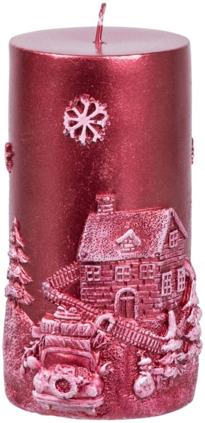 MagicHome Weihnachtskerze, 7x12,5 cm, rot, mit Landschaft