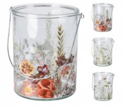 Świecznik na świeczkę herbacianą 15 cm szklany wzór mieszanka kwiatów