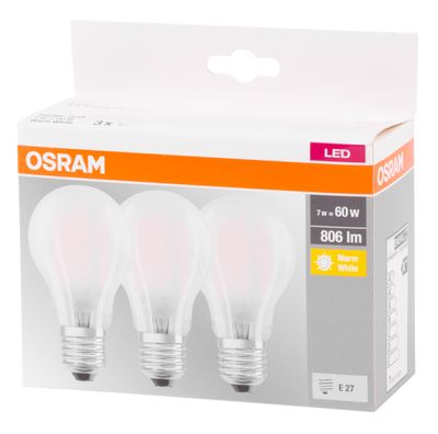 Izzó OSRAM® BASIC LED FIL Star (ean9290) OSZTÁLY A E27 060, 7W/827 2700K, nem halvány MULTIPACK, átlátszó
