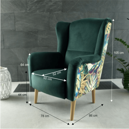 Designerski fotel, tkanina szmaragdowa/wzór dżungli, BELEK