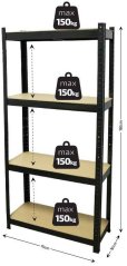 Raft metalic cu 4 rafturi din placă MDF 1500 x 750 x 300 cm, capacitate de încărcare a raftului 150 kg, XL-TOOLS