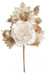 Gałązka MagicHome Świąteczna, z różą, kremowa, 25,5 cm