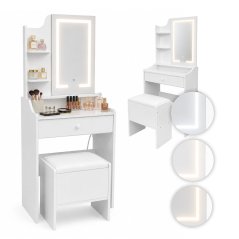 Kozmetický stolík so zrkadlom a LED osvetlením v 3 farbách, police, zásuvka, stolička ModernHome (akce)