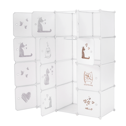 Dětská modulární skříň, bílá/hnědý dětský vzor, KITARO