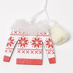Ornament wiszący sweter 20x8,5 cm drewno biało-czerwony