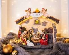 MagicHome karácsonyi dekoráció, betlehemes, 21 LED meleg fehér, 3xAA, belső, 36x15x29 cm