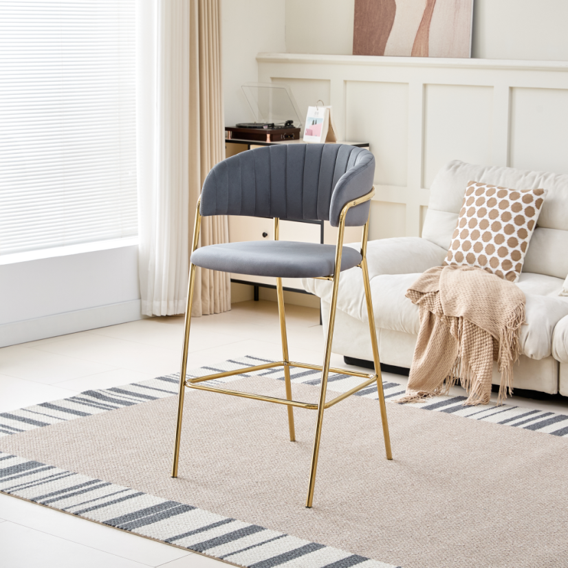 Designer Barhocker, graubrauner Samtstoff/goldchrom, DASMIN TYP 2