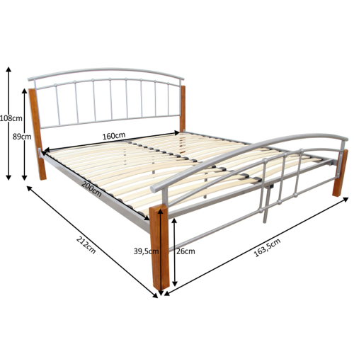 Manželská postel, dřevo olše/stříbrný kov, 160x200, MIRELA