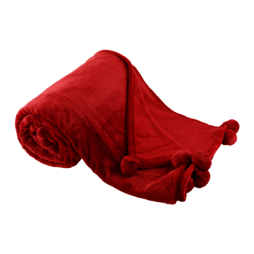 TEMPO-KONDELA LUANG, plišana deka s pomponima, bordo, 150x200 cm