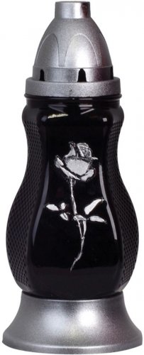 Kubek nagrobny, szkło czarne, z różą, srebrny, 40 h, 110 g, wys. 26,5 cm, na grób