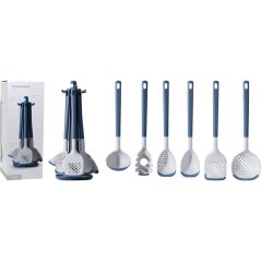 Set de 7 ustensile de bucătărie în suport, albastru-gri