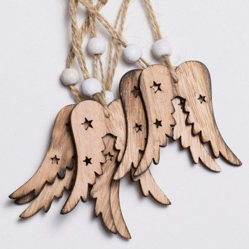 Ornament viseča krila 6x6x0,3 cm set 6 kosov naravnega lesa