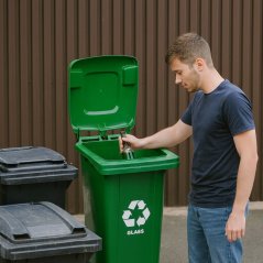 120 literes hulladékgyűjtő konténer zöld üveggel és kerekekkel