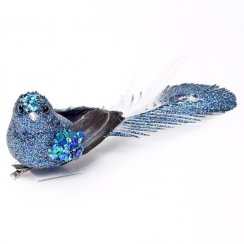 Ornament s sponko ptica 9 cm modra